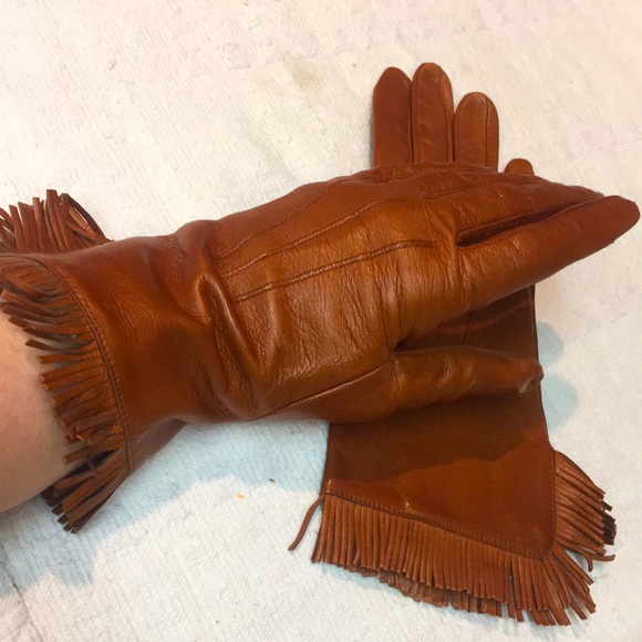 Cognac Brown Real Leather Fringe Gloves, made in Italy, sz7 - Picture 1 of 6